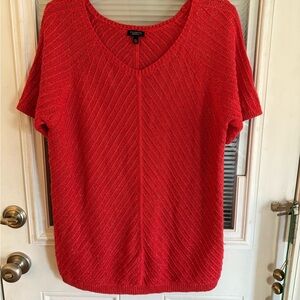 Talbots Bright Red Knit vneck Sweater Short Sleeve Gold Threaded Holiday Festive